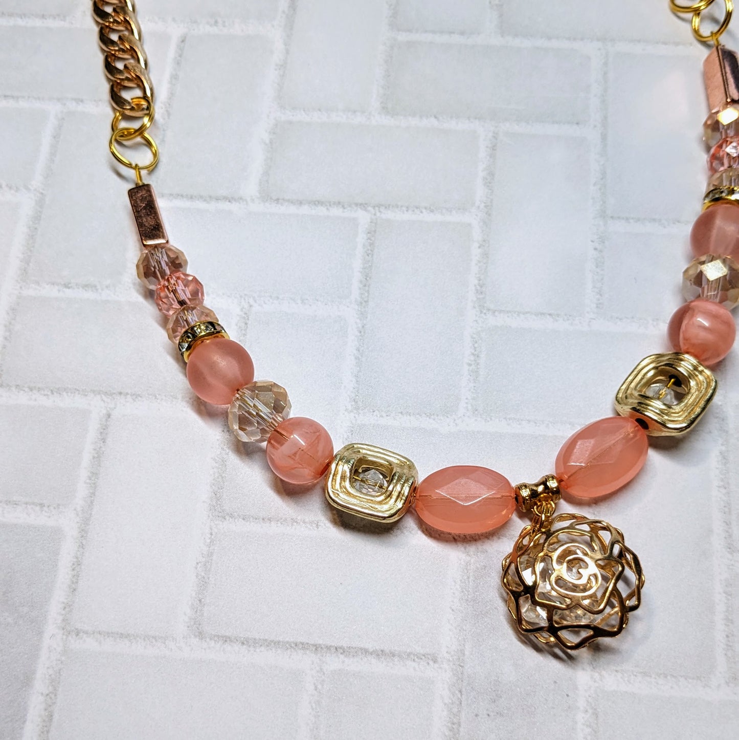 Coral Rose Caged Crystal Beaded Necklace