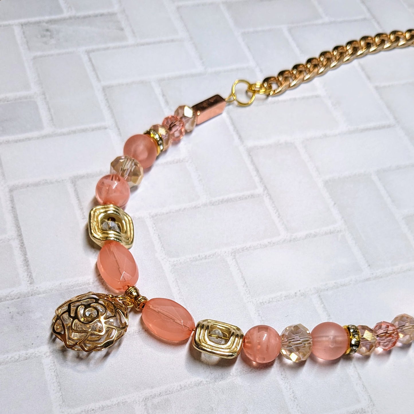 Coral Rose Caged Crystal Beaded Necklace