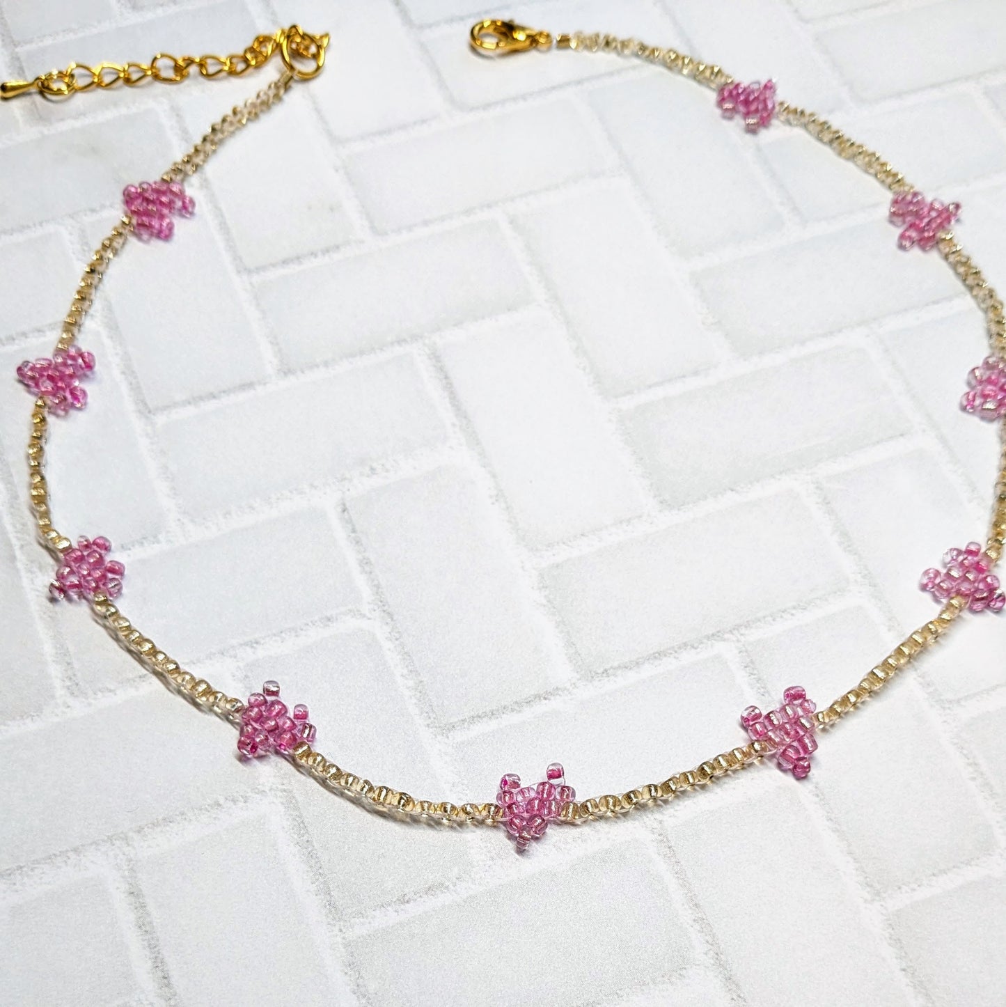 Pink & Crystal Gold Mini Woven Heart Beaded Choker Necklace