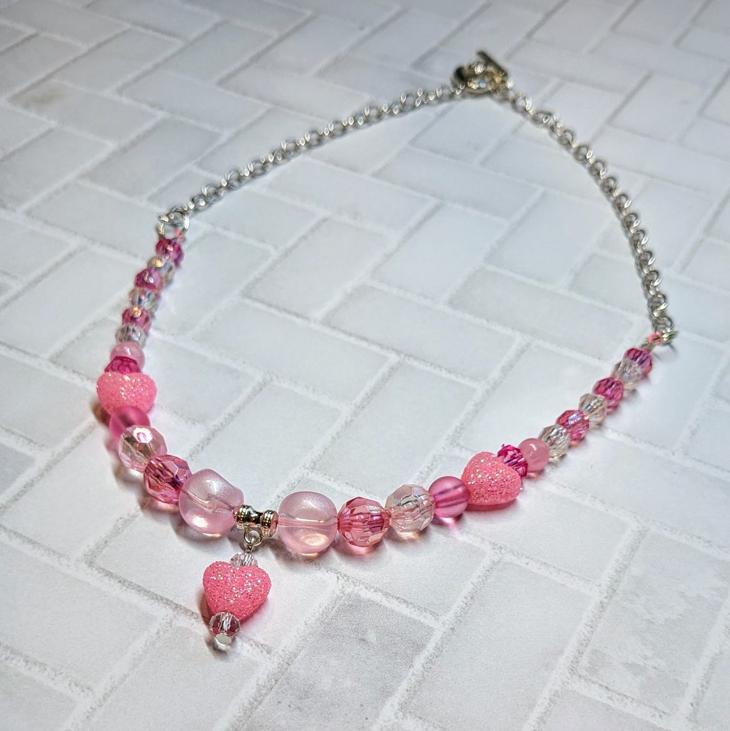 Pink Glitter Heart Beaded Necklace