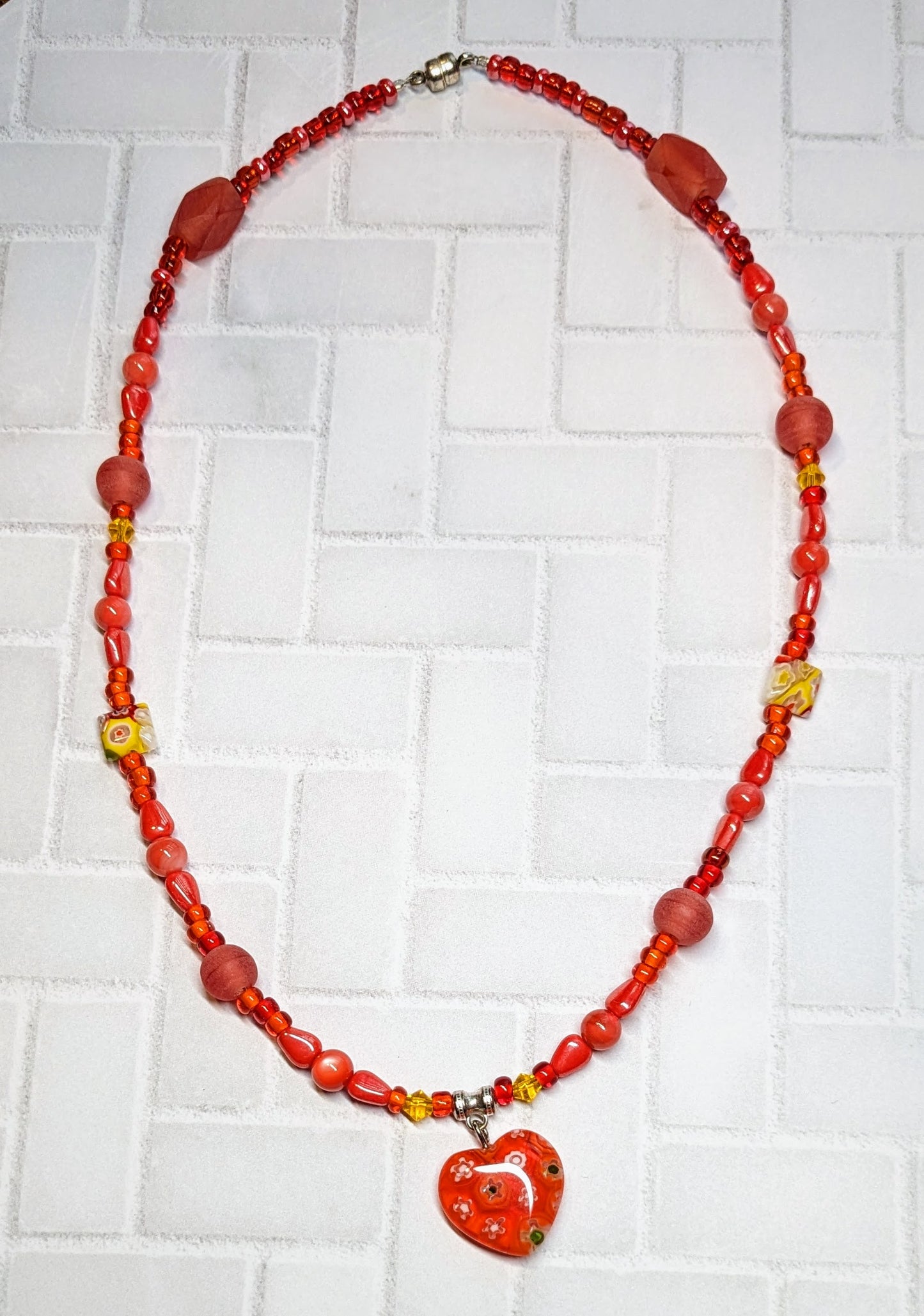 Red Heart Millefiori Glass Beaded Necklace