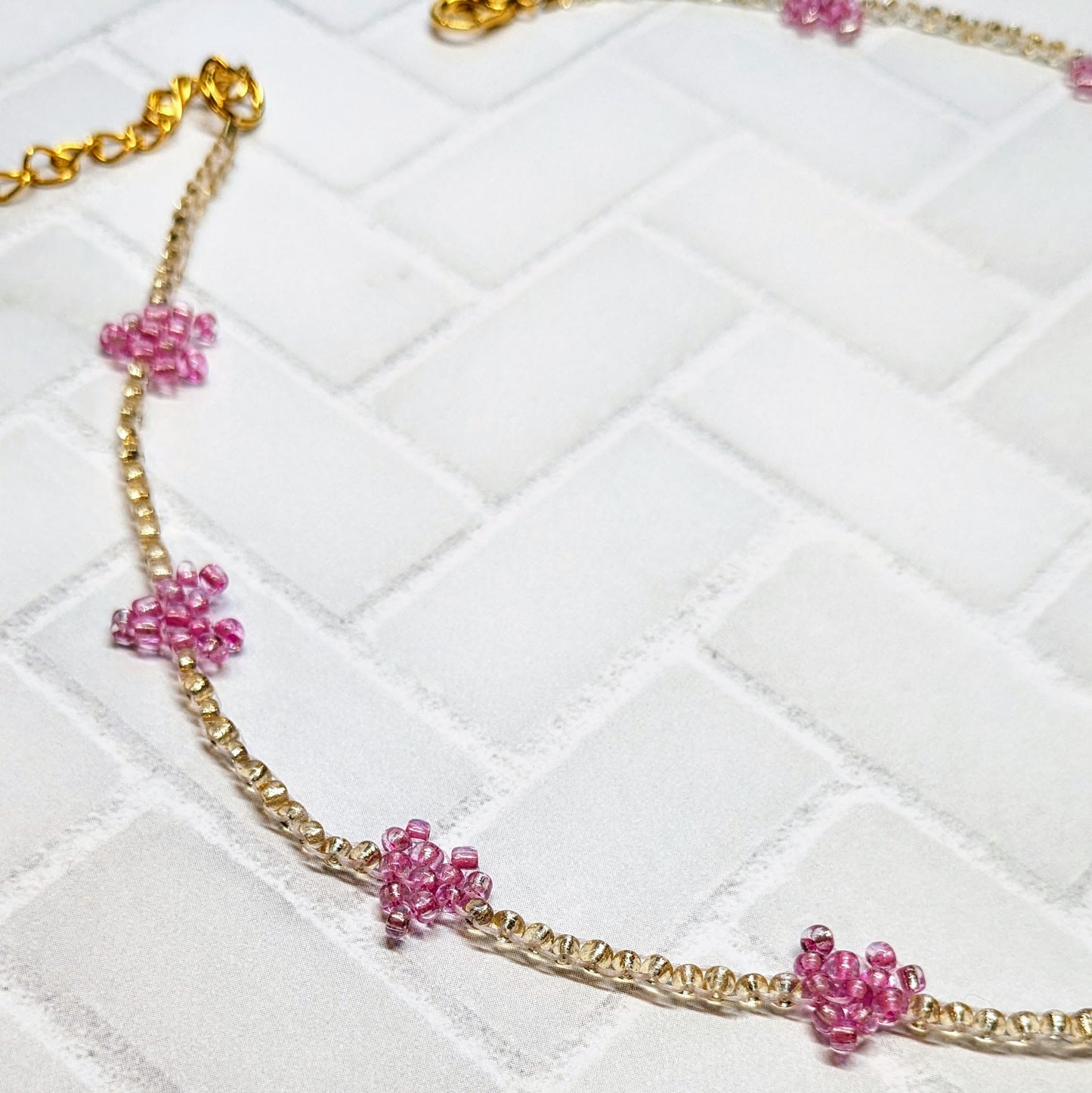 Pink & Crystal Gold Mini Woven Heart Beaded Choker Necklace
