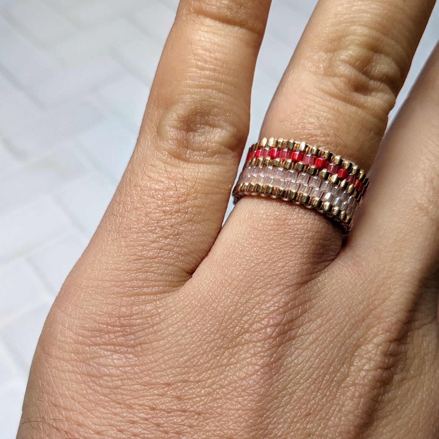 Pink, Gold, and Red Striped Woven Ring