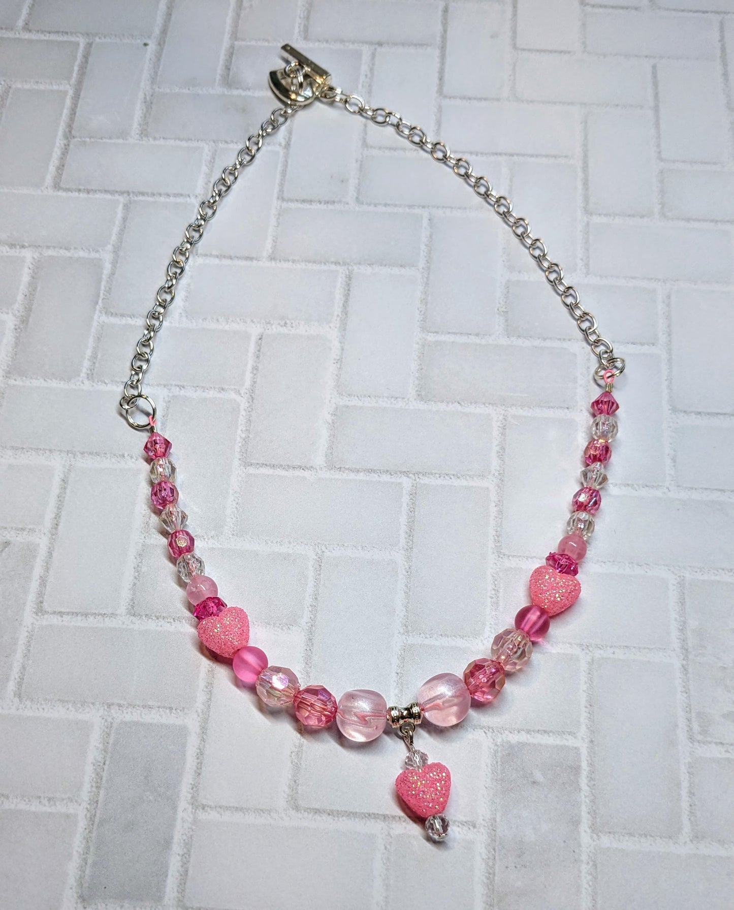 Pink Glitter Heart Beaded Necklace