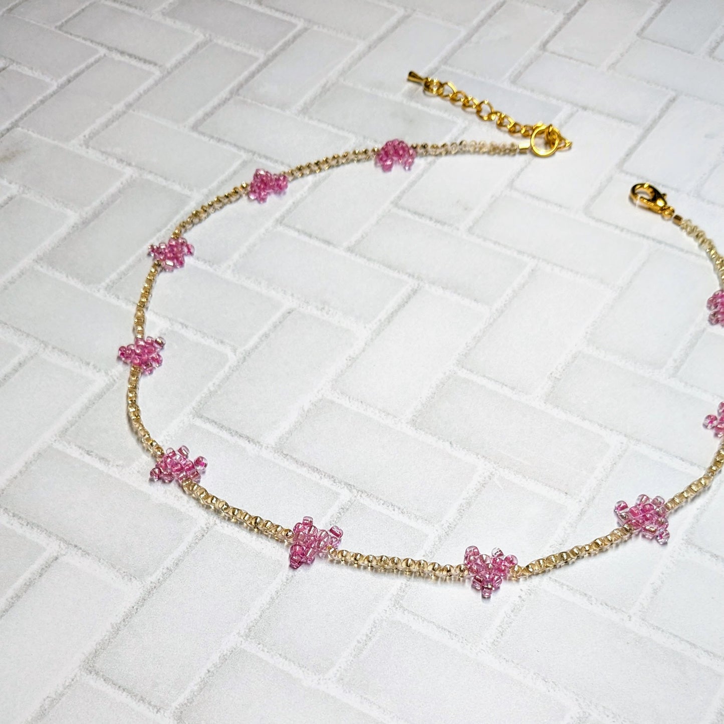 Pink & Crystal Gold Mini Woven Heart Beaded Choker Necklace