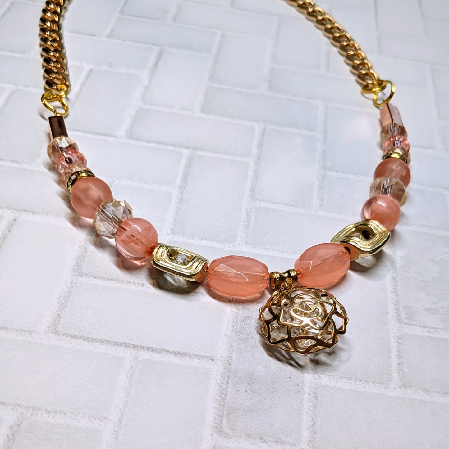 Coral Rose Caged Crystal Beaded Necklace