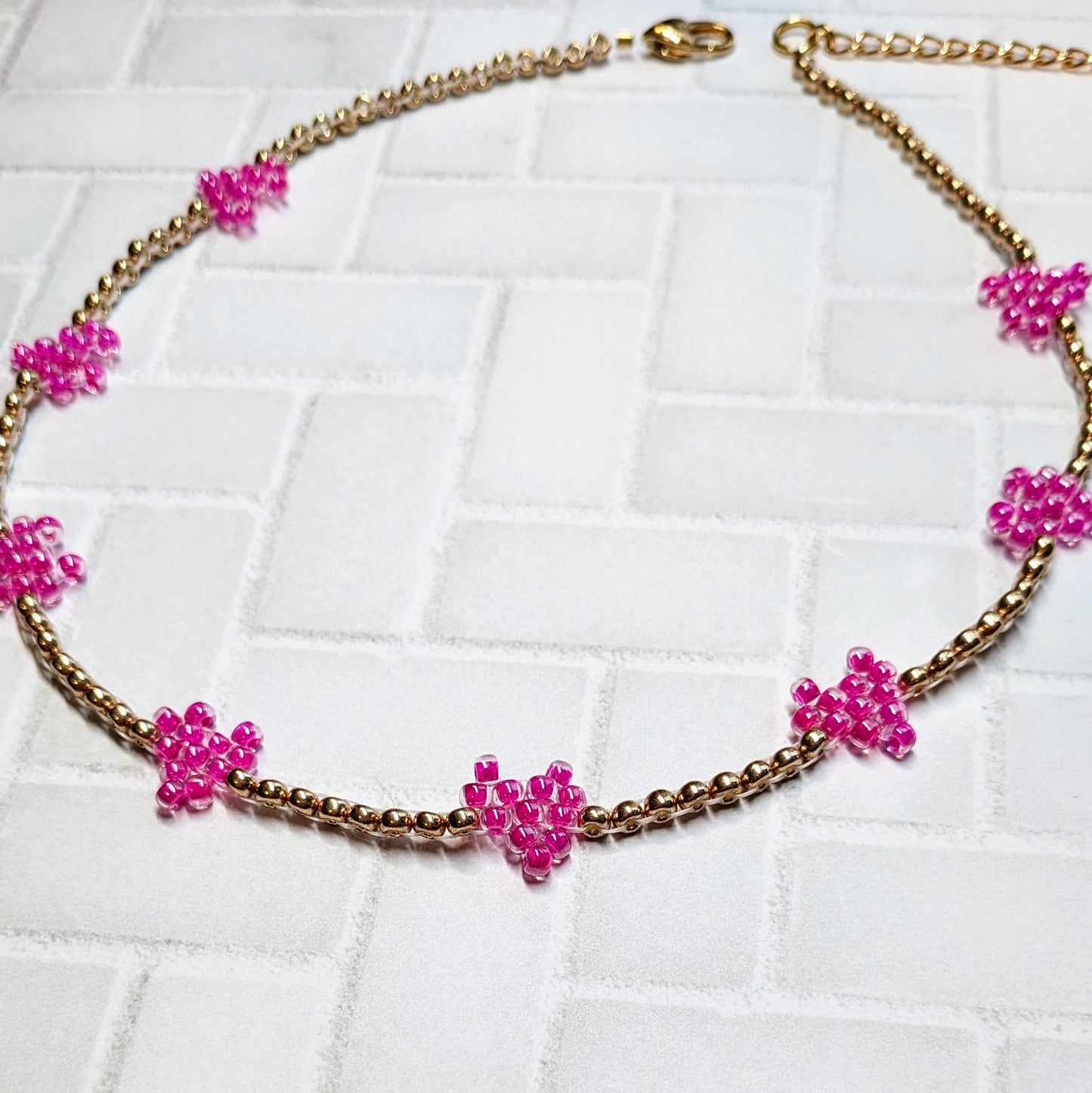 Pink and Champagne Gold Woven Heart Beaded Choker Necklace