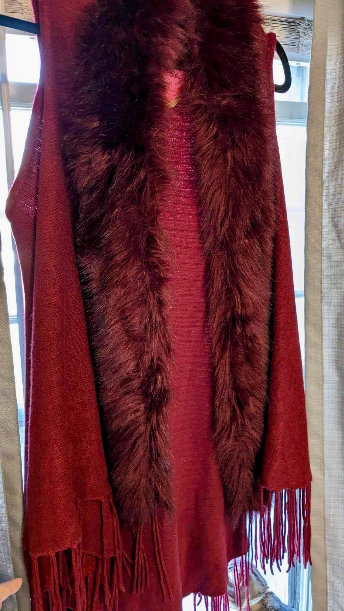 Merlot Fall Faux Fur Vest w/ Fringe