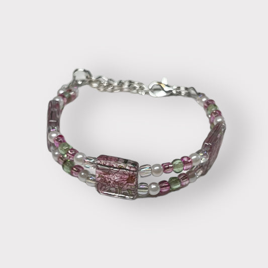 Small Pink & Green Floral Beaded Bracelet