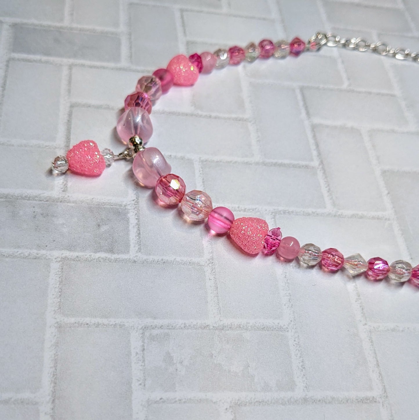 Pink Glitter Heart Beaded Necklace