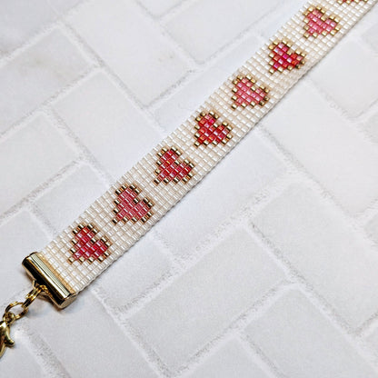 White Shimmer Heart Beaded Bracelet Handmade