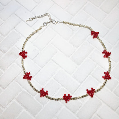 Red and Silver Woven Heart Beaded Choker Necklace