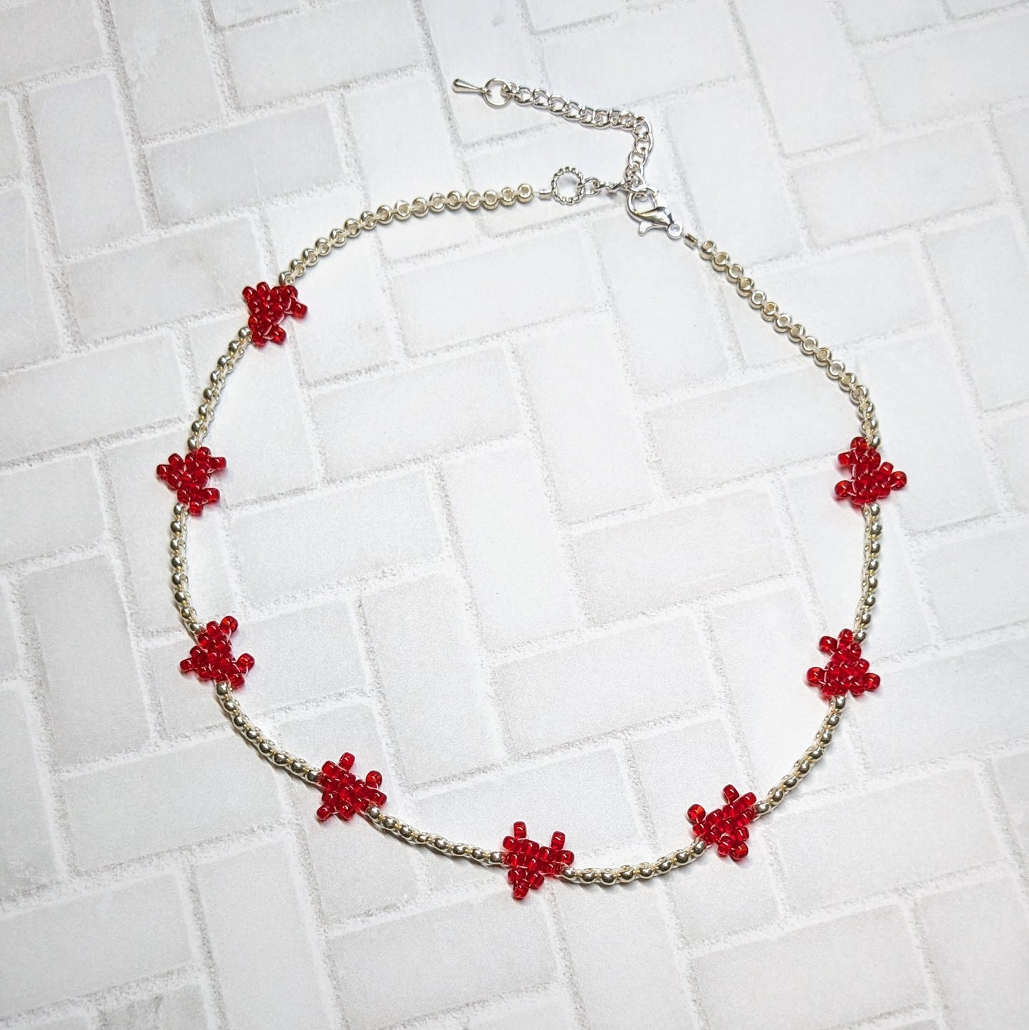Red and Silver Woven Heart Beaded Choker Necklace