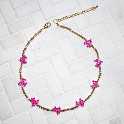 Pink and Champagne Gold Woven Heart Beaded Choker Necklace