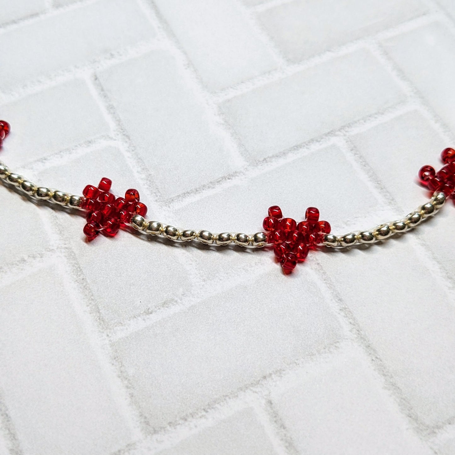 Red and Silver Woven Heart Beaded Choker Necklace
