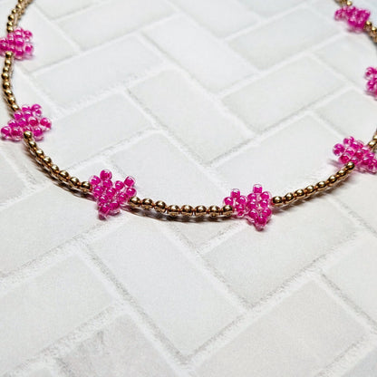 Pink and Champagne Gold Woven Heart Beaded Choker Necklace