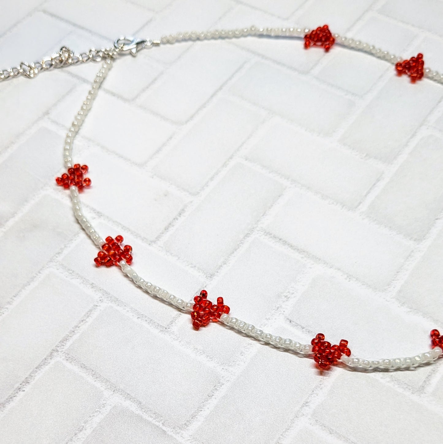 Red and White Mini Woven Heart Beaded Choker Necklace