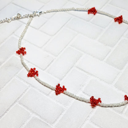 Red and White Mini Woven Heart Beaded Choker Necklace