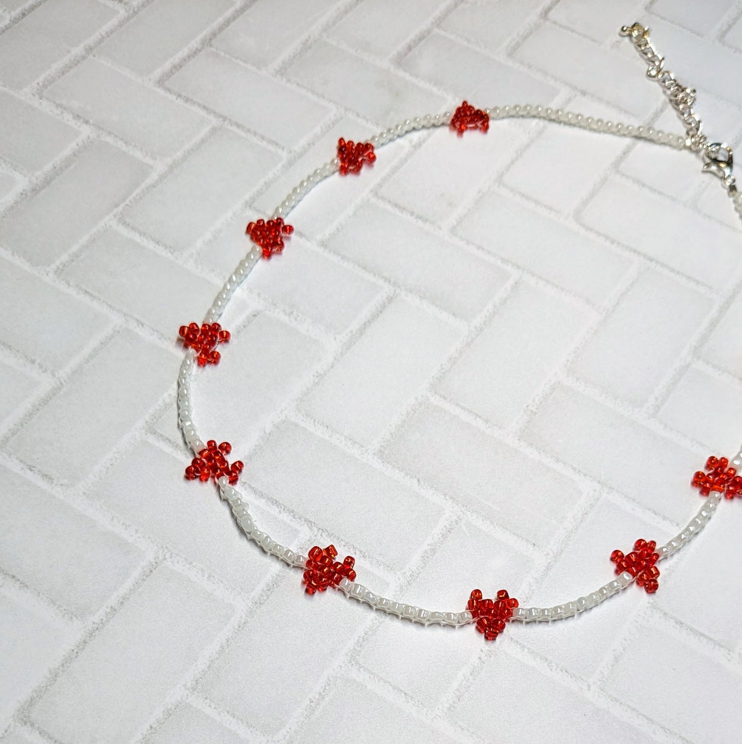 Red and White Mini Woven Heart Beaded Choker Necklace