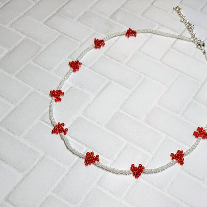 Red and White Mini Woven Heart Beaded Choker Necklace