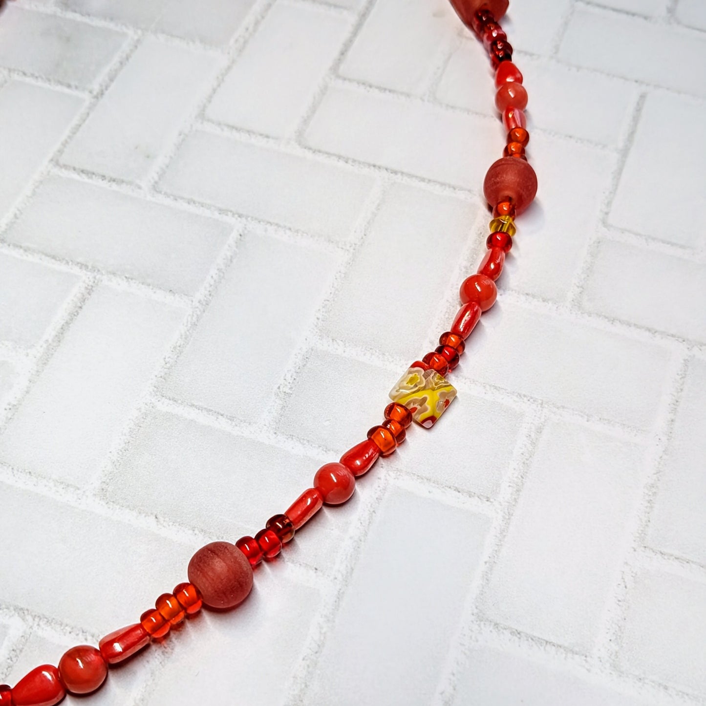 Red Heart Millefiori Glass Beaded Necklace