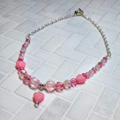 Pink Glitter Heart Beaded Necklace