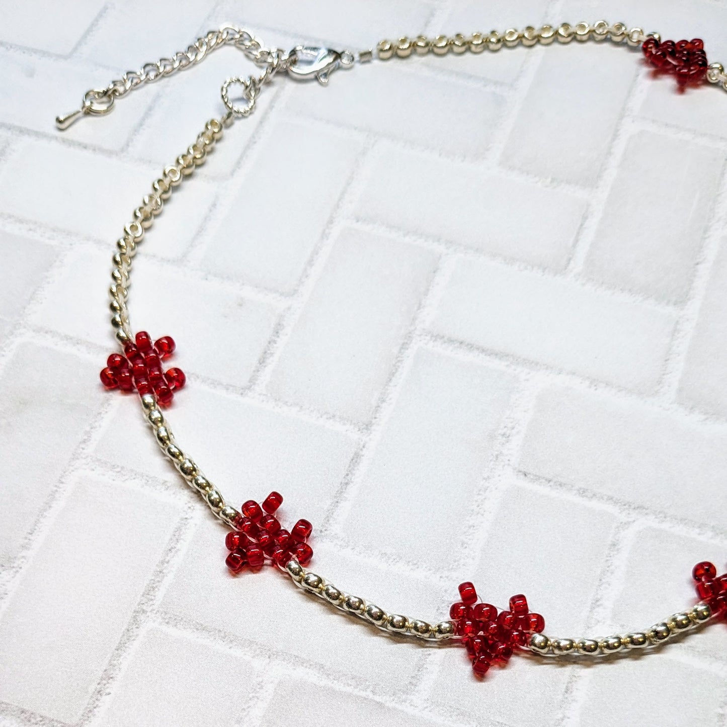 Red and Silver Woven Heart Beaded Choker Necklace