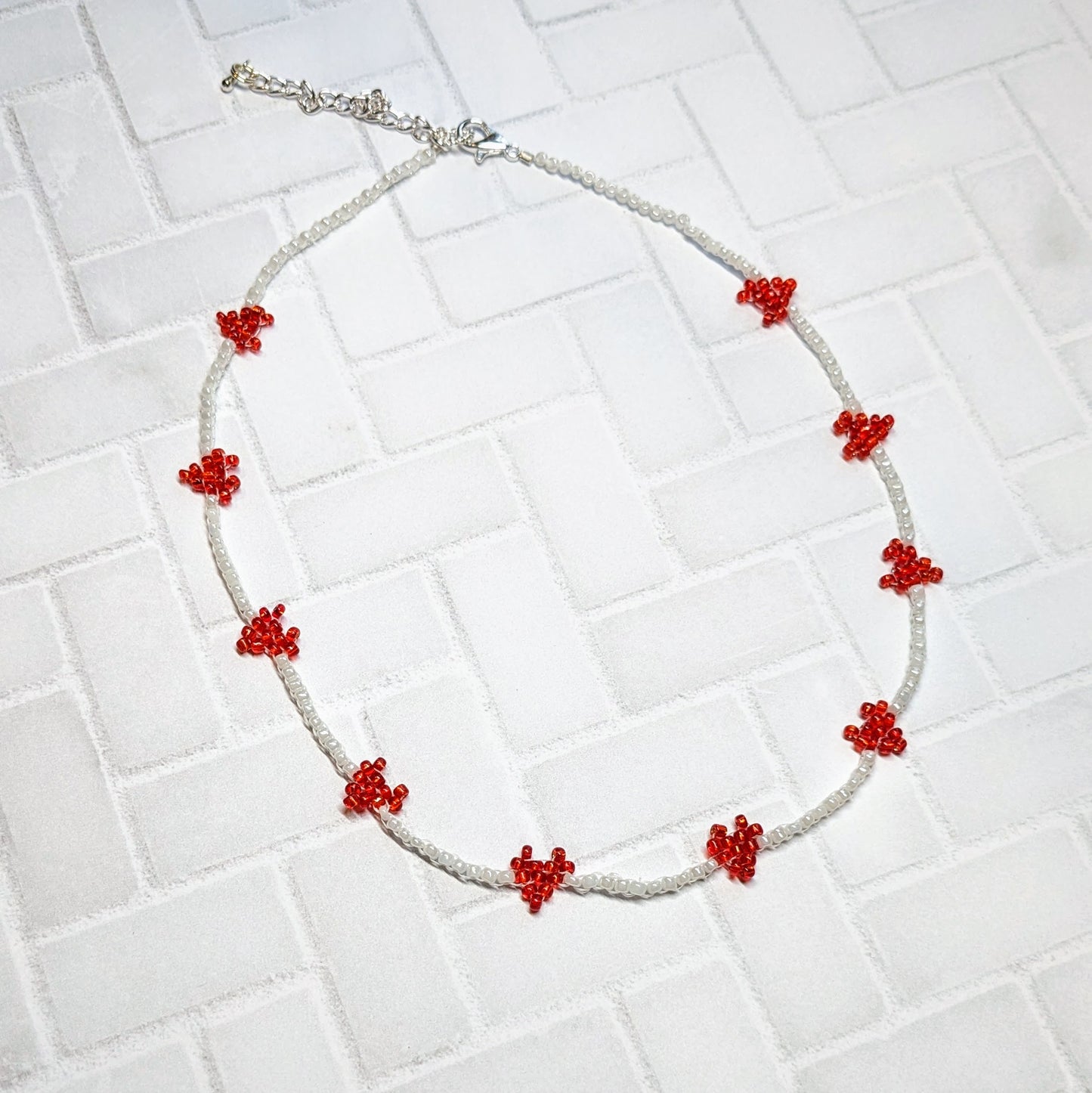 Red and White Mini Woven Heart Beaded Choker Necklace