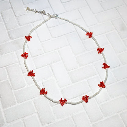 Red and White Mini Woven Heart Beaded Choker Necklace