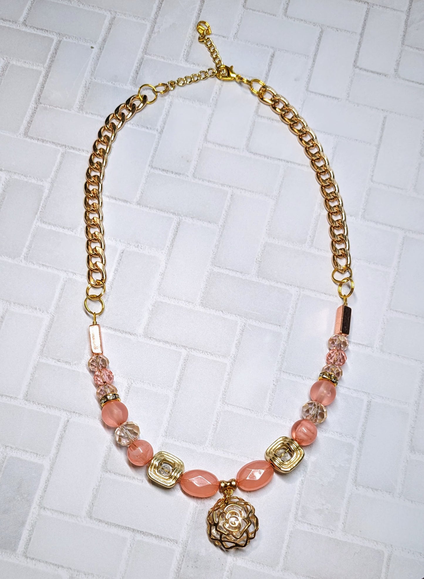 Coral Rose Caged Crystal Beaded Necklace