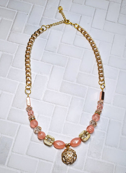 Coral Rose Caged Crystal Beaded Necklace