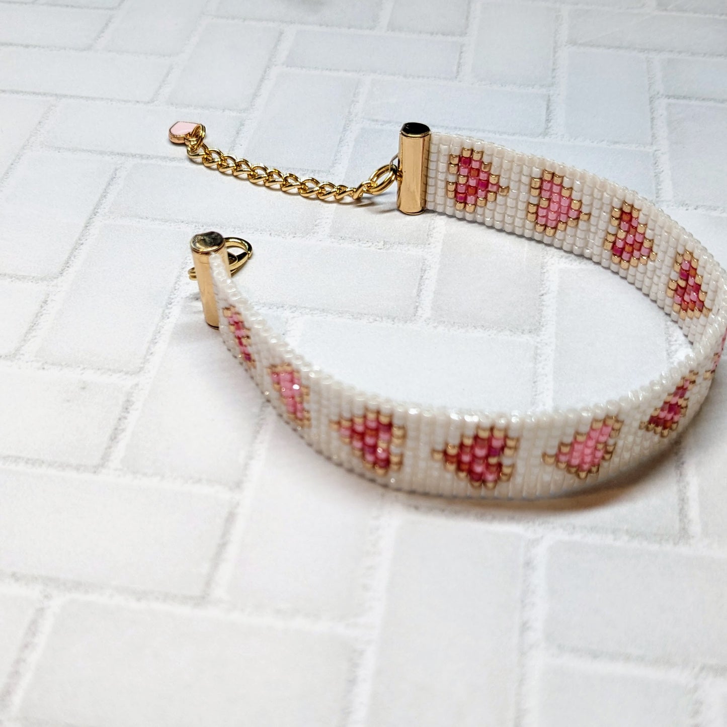 White Shimmer Heart Beaded Bracelet Handmade