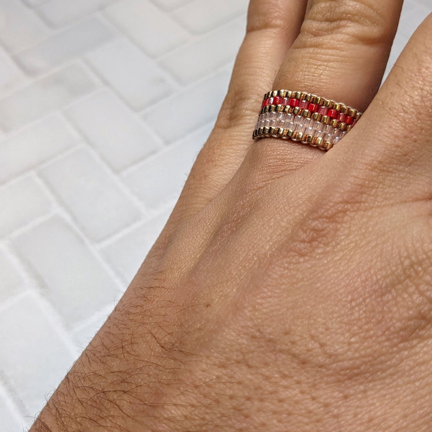 Pink, Gold, and Red Striped Woven Ring