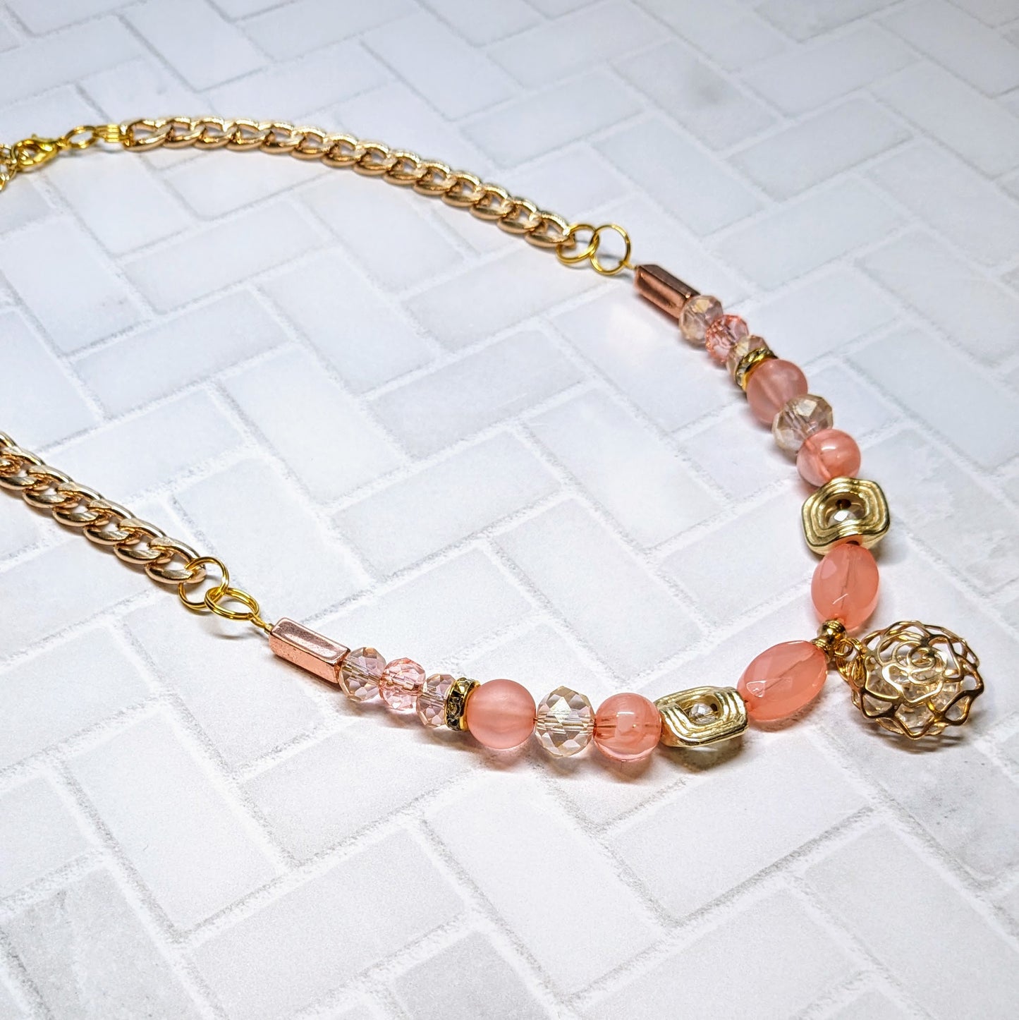 Coral Rose Caged Crystal Beaded Necklace