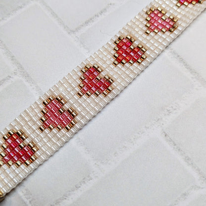 White Shimmer Heart Beaded Bracelet Handmade