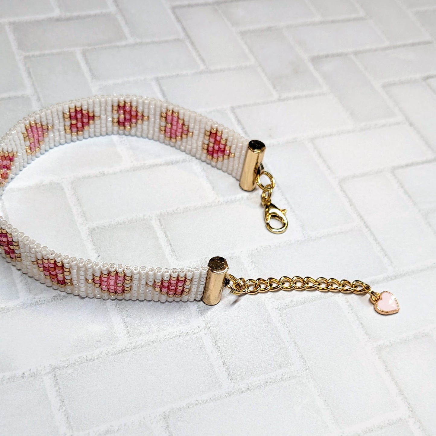 White Shimmer Heart Beaded Bracelet Handmade