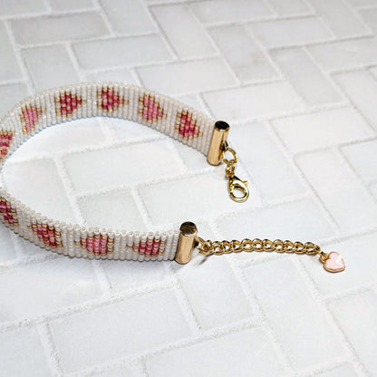 White Shimmer Heart Beaded Bracelet Handmade