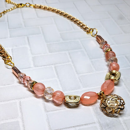 Coral Rose Caged Crystal Beaded Necklace