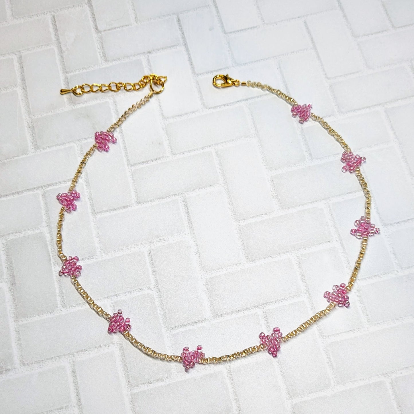 Pink & Crystal Gold Mini Woven Heart Beaded Choker Necklace