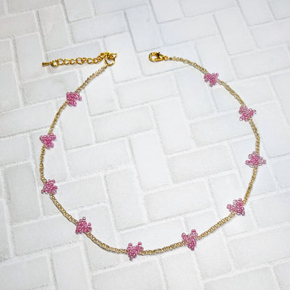 Pink & Crystal Gold Mini Woven Heart Beaded Choker Necklace