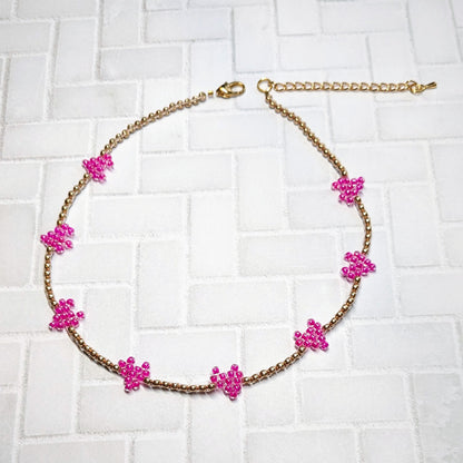 Pink and Champagne Gold Woven Heart Beaded Choker Necklace