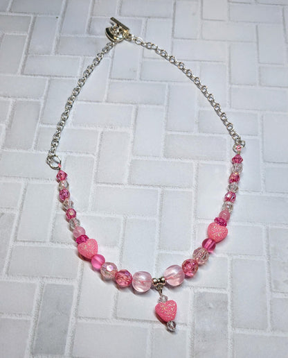 Pink Glitter Heart Beaded Necklace