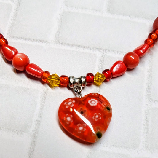 Red Heart Millefiori Glass Beaded Necklace