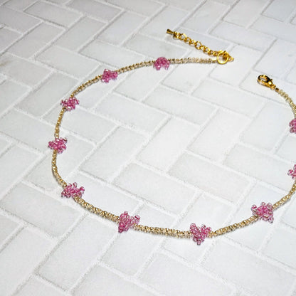 Pink & Crystal Gold Mini Woven Heart Beaded Choker Necklace
