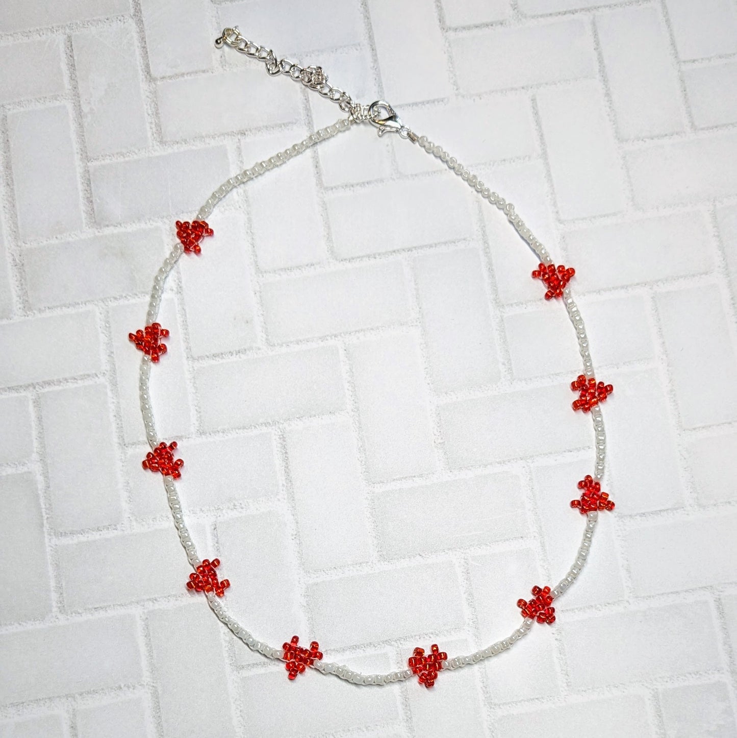 Red and White Mini Woven Heart Beaded Choker Necklace