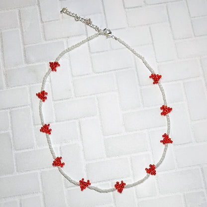 Red and White Mini Woven Heart Beaded Choker Necklace