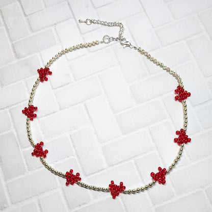 Red and Silver Woven Heart Beaded Choker Necklace