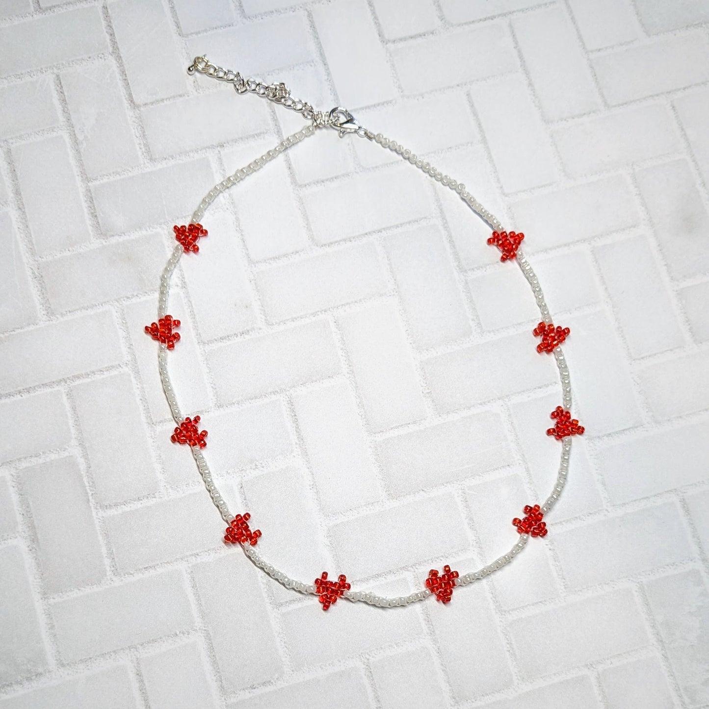 Red and White Mini Woven Heart Beaded Choker Necklace