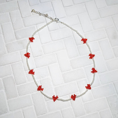 Red and White Mini Woven Heart Beaded Choker Necklace