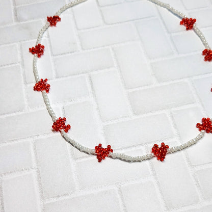 Red and White Mini Woven Heart Beaded Choker Necklace